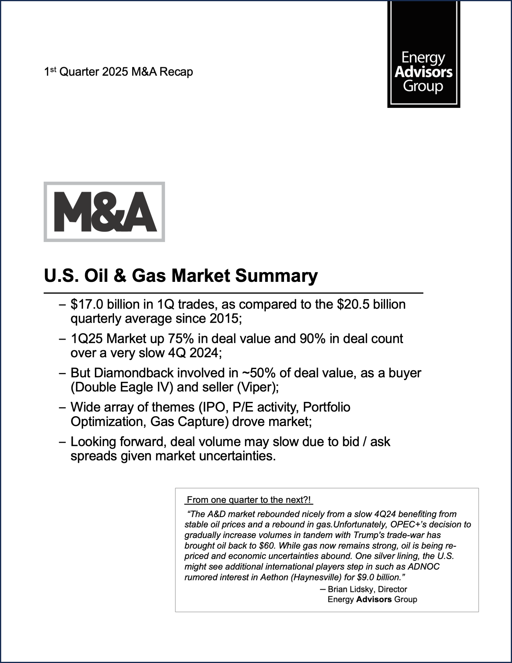 01Q25 QUARTERLY M&A REPORT - Energy Advisors Group 01Q25 QUARTERLY M&A REPORT